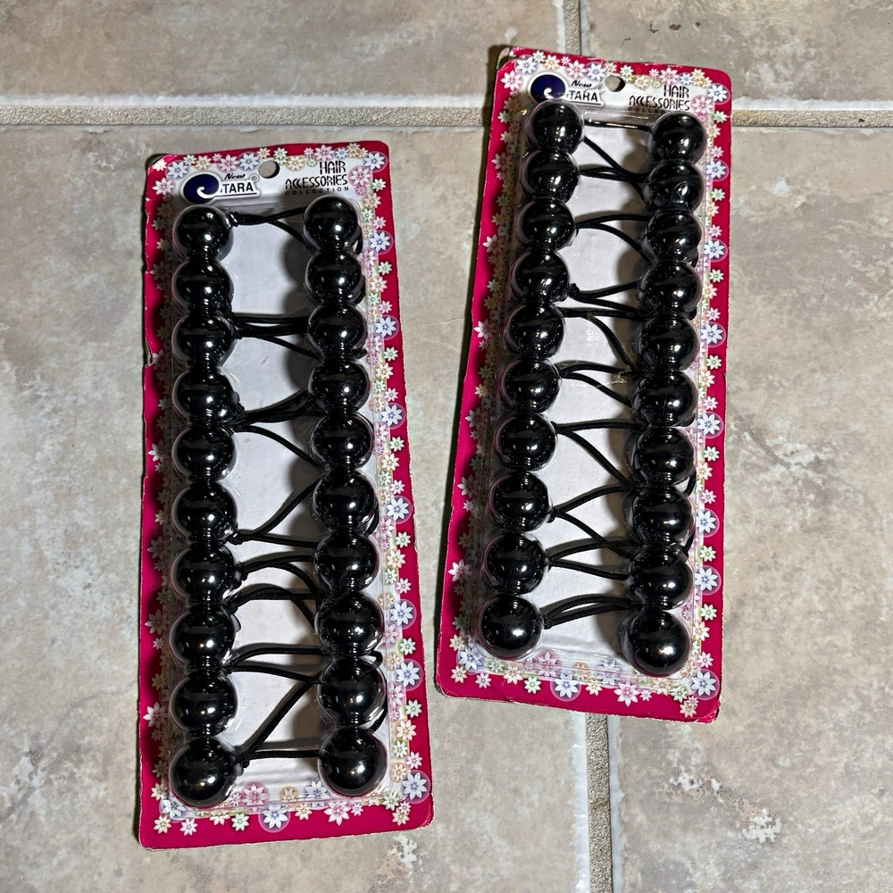 Vtg New Tara Hair Accessories Black Twin Bead Bobble Ties Knocker Set Of 2 Packs
